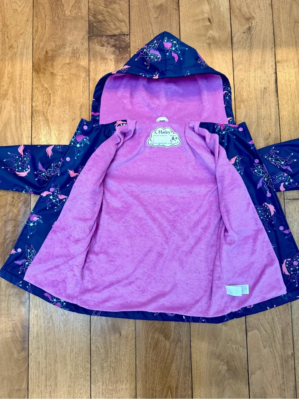 Hatley Girls Size 8 Pegasus Color Changing Terry Lined Raincoat Navy